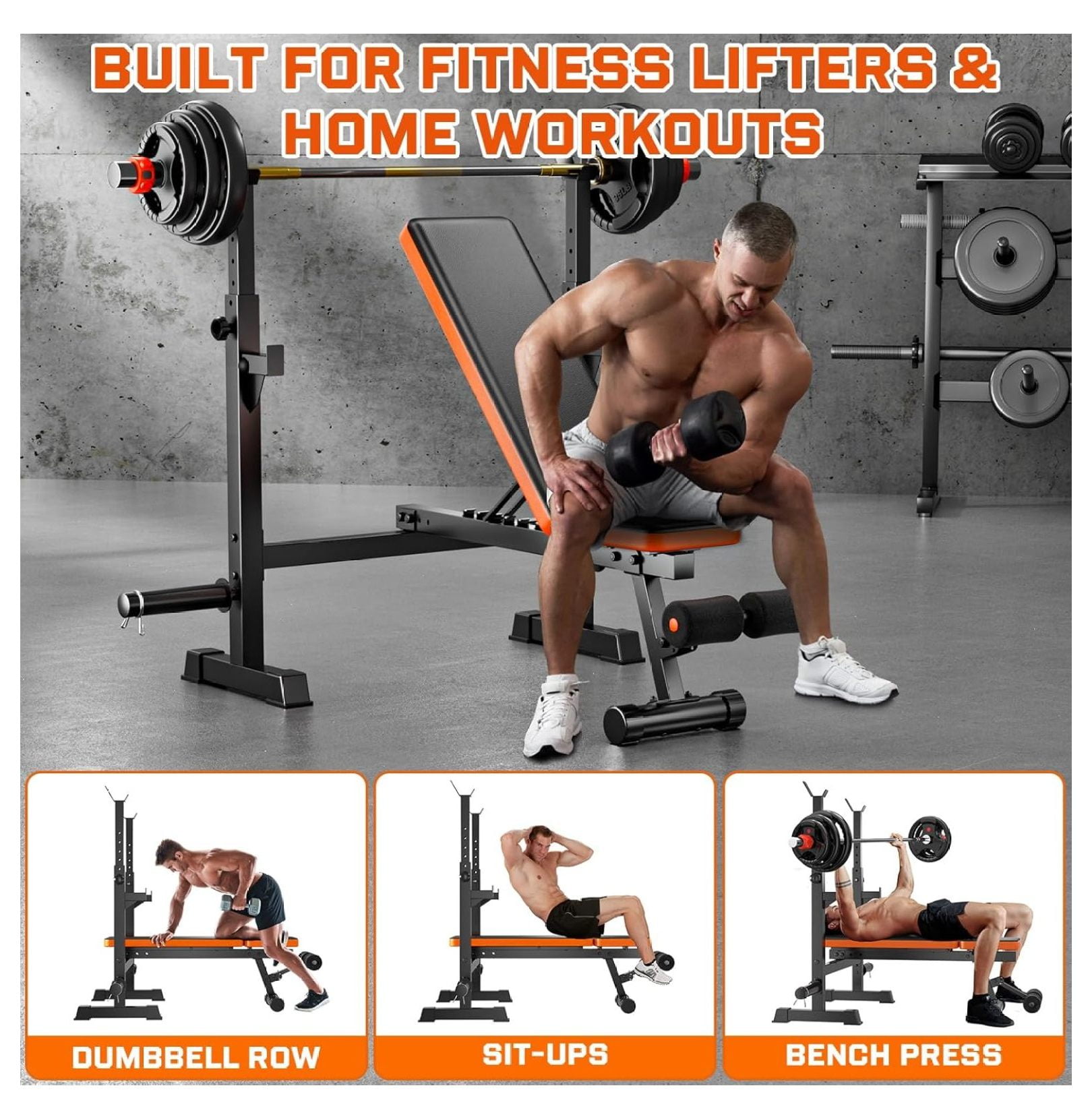 770lbs Weight Set with Squat Rack, 5 in 1 Workout Press With Removable Foot Catch, Adjustable Flat Incline Sit Up for Home Gym Full Body Strength Training