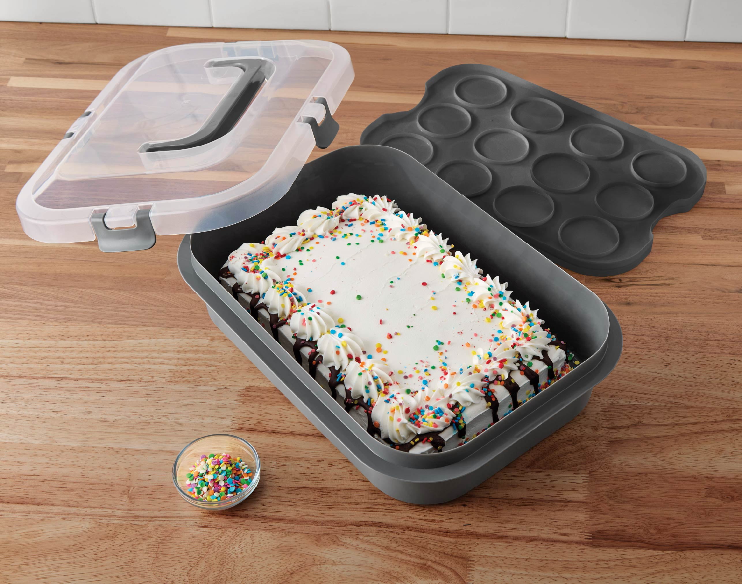 Mainstays Rectangular Cupcake & Cake Carrier with Lid, Handle, Clasps & Removeable Flippible Cupcake Tray, Grey Plastic