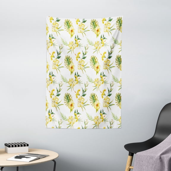 Watercolor Tapestry, Hibiscus Flora Pattern Hawaii Plants with Leaves Jungle Summer Foliage, Wall Hanging for Bedroom Living Room Dorm Decor, 40W X 60L Inches, Yellow Green White, by Ambesonne