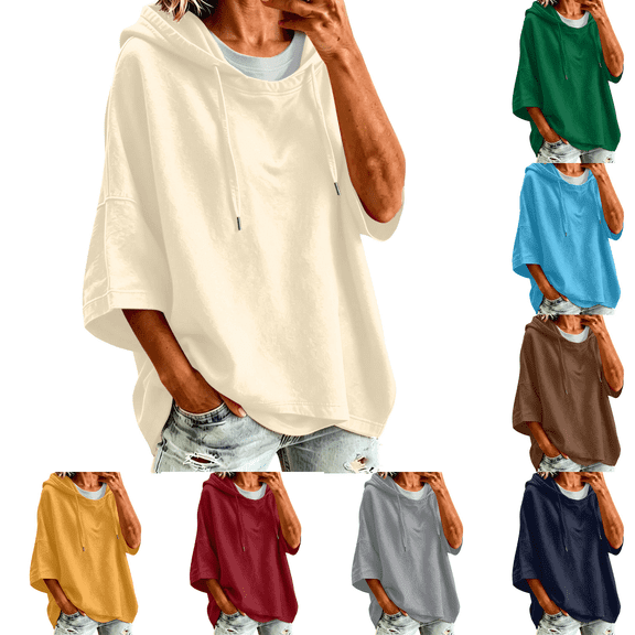 Inverlee Oversized Short Sleeve Hoodies for Women Loose Fit Drop Shoulder Drawstring Pullovers Solid Casual Summer Hooded Tops Beige S-XXL