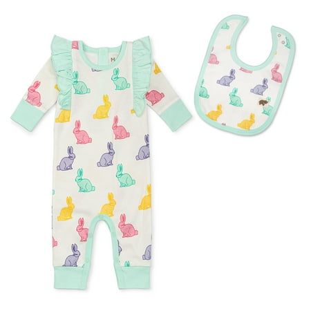 

M+A by Monica + Andy Easter Bunny Long Sleeve Double Ruffle Romper + Classic Bib Sizes Newborn-9 Months