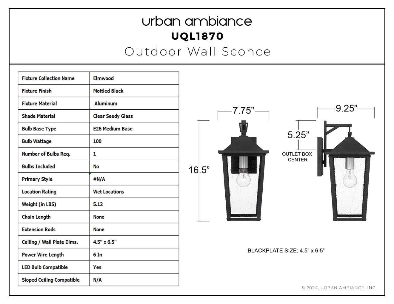 Luxury Modern Rustic Wall Sconce, Large Size: 16.50''H x 7.75''W, with Americana Style Elements, Mottled Black Finish, UQL1870 from the Elmwood Collection by Urban Ambiance