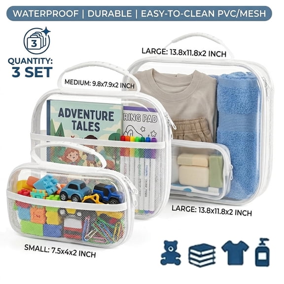3Pcs Clear Hard Shell Zipper Case with Handle Clear Waterproof Zipper Pouch with Side Mesh Pocket for Toy Building Block Stationery