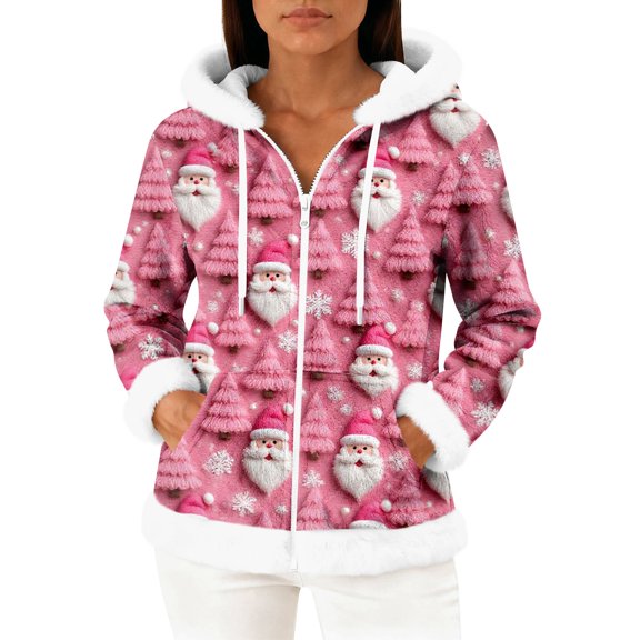 Women's Casual Fashion Long-Sleeve Zip-Up Fleece Hooded Cardigan with Christmas Print, Cozy and Warm for Winter Season,Purple Pink,M