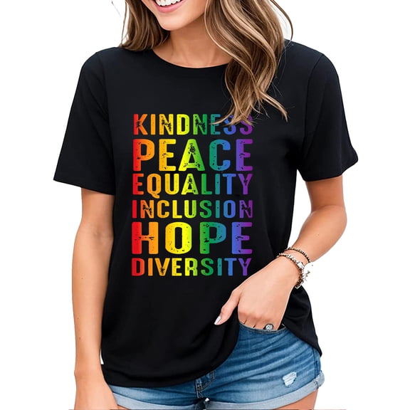 Womens Kindness Peace Equality Inclusion Hope Diversity T-Shirt Funny Letters Casual Short Sleeve Tops Black Small
