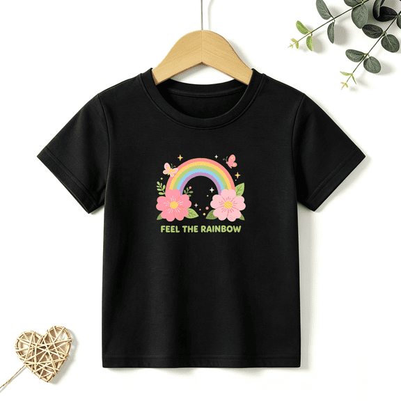 Girls Graphic Tees Feel The Rainbow Kids T Shirt Flower Cute 100% Cotton Short Sleeve Soft Tops 4-13Y