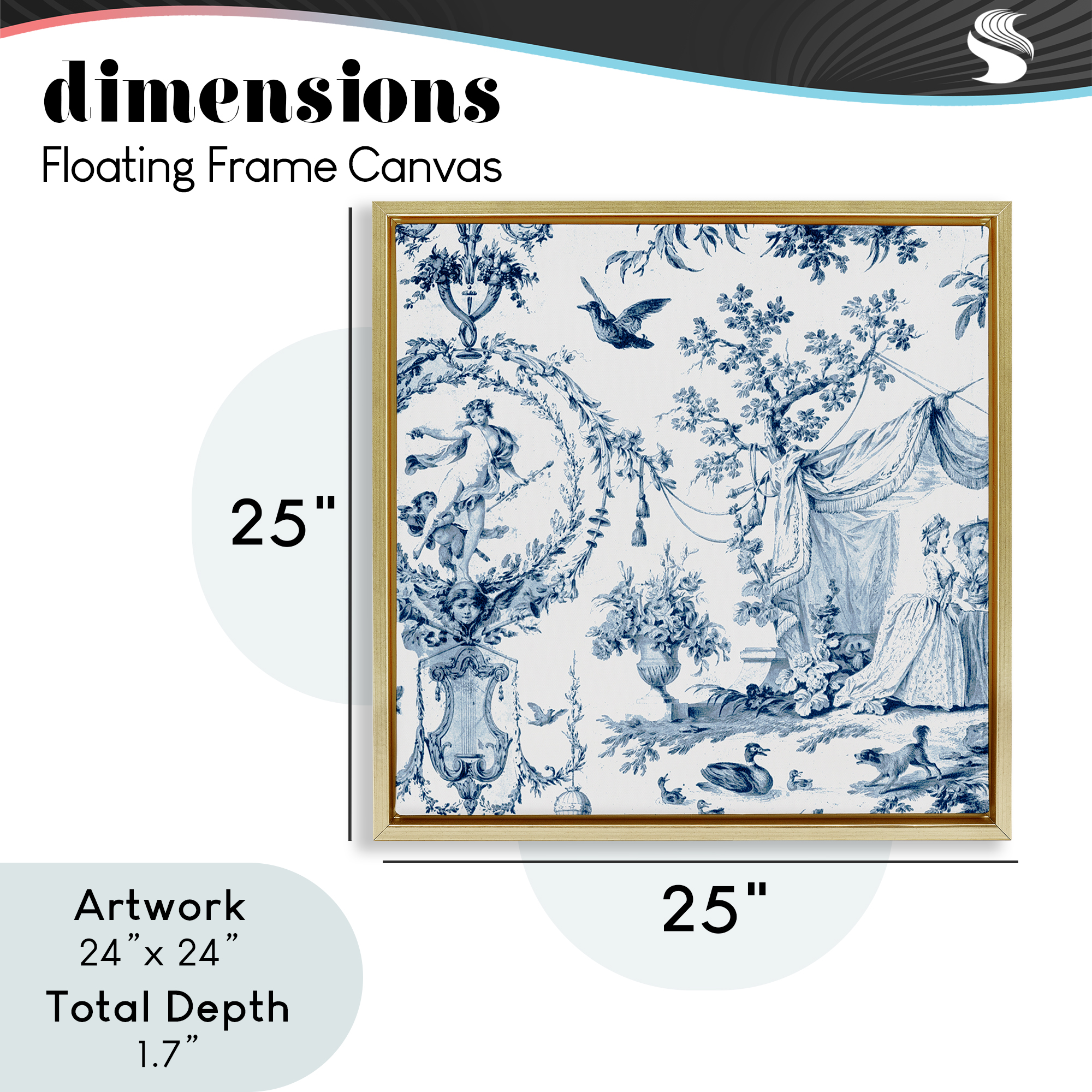 Classic Toile Scene Gold Framed Floater Canvas Wall Art, design by Vintage Hustle