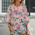 thumbnail image 3 of Pink Floral Painted Fabric Design Women's V-Neck Blouse With 3/4 Ruffled Bell Sleeves Casual Top Ladies Blouses, 3 of 7