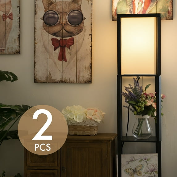 Bestco Modern Floor Lamp, 100W Max, 3 Shelves, LED Bulb Included, Black, Set of 2