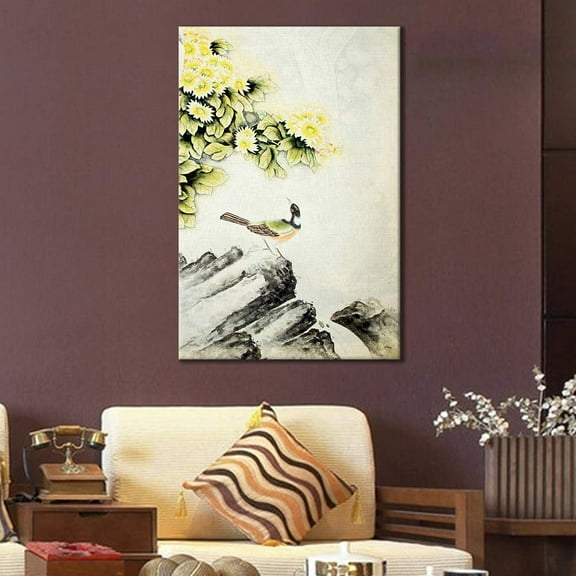wall26 Canvas Wall Art of Bird with Yellow Flowers Oriental Style | 32x48 inches