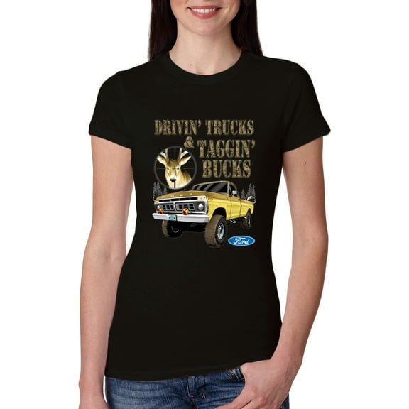 Wild Bobby, Driving Trucks and Taggin Bucks Retro Ford F150 Hunting, Cars and Trucks, Women Slim Fit Junior Tee, Black, Small