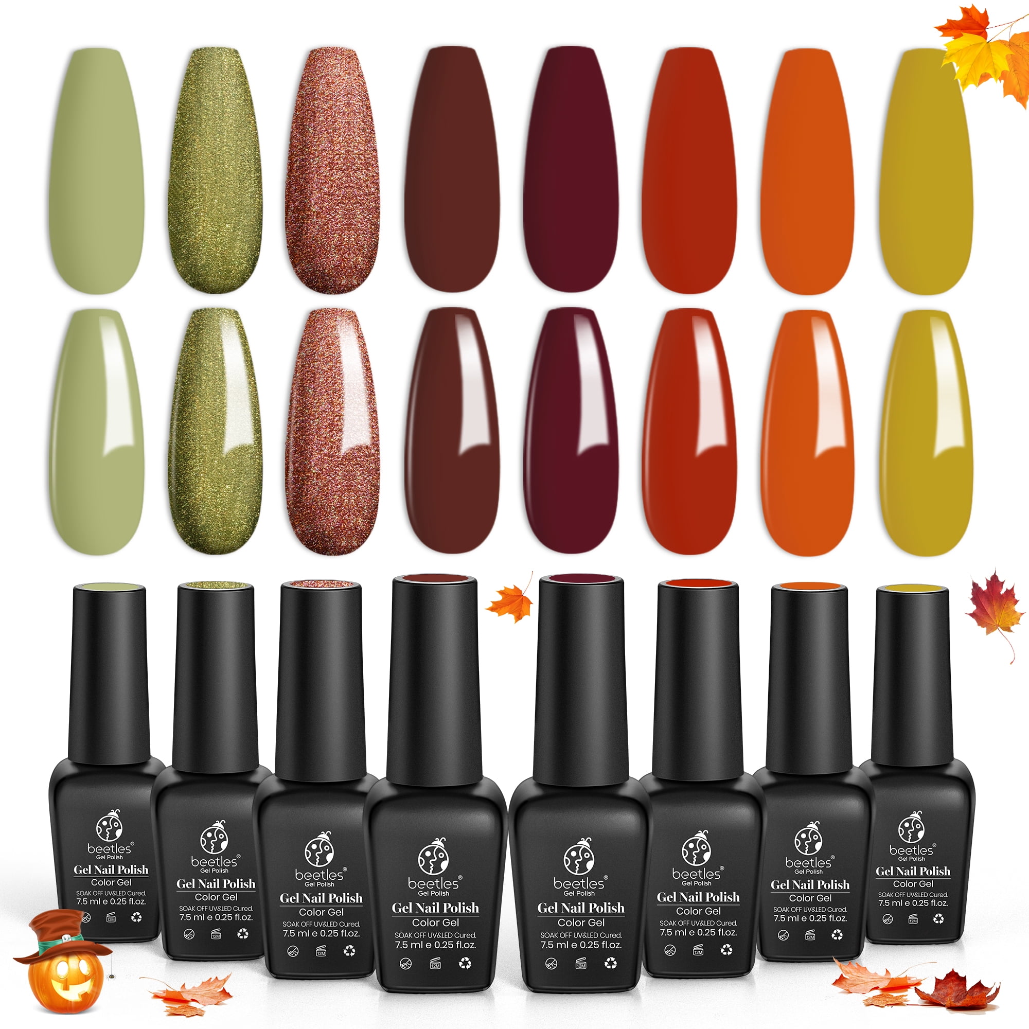 Beetles Gel Nail Polish Kit - Sunset Leaves,  Burnt Brown Orange-Red Yellow Glitter Grass Green 8 Fall  Colors Autumn Gel Nail Polish Soak off UV Nail Lamp
