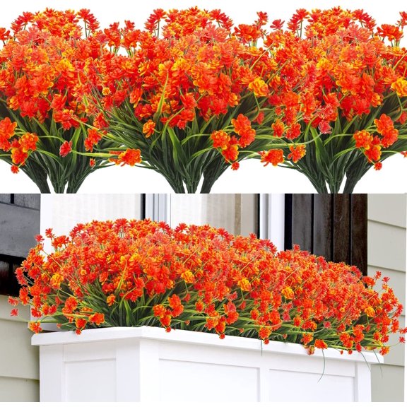 Morttic Artificial Fake Flowers, 12 Bundles Outdoor UV Resistant Greenery Shrubs Plants Indoor Outside Hanging Planter Home Garden Decor (Orange)