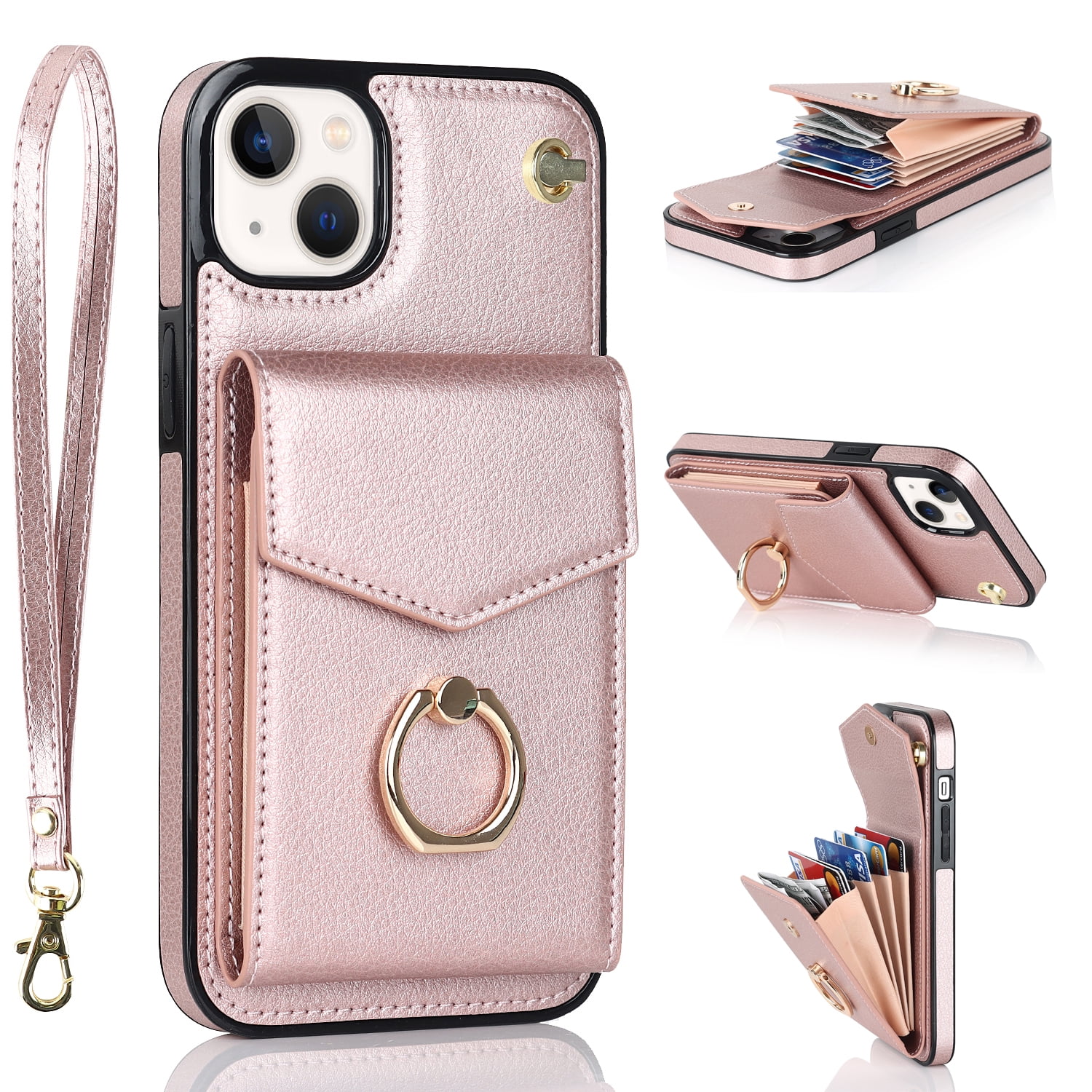 TopPerfekt IPhone 16 Wallet Case – With 360° Ring Kickstand, Card Slots & RFID Blocking