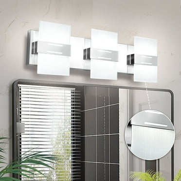 Auffel Bathroom Light Fixtures LED Chrome Vanity Lights for Bathroom Dimmable Wall Sconce 3000K/4500K/6000K Stainless Steel Glass Vanity Lighting Fixtures 3-Light Wall Light for Restroom 22 Inch
