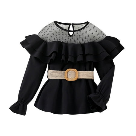 

Toddler Girl Tee Kids Solid Bowknot Long Ruffled Sleeve Patchwork Mesh Solid Tops Blouse With Belt Outfits For 8-9 Years