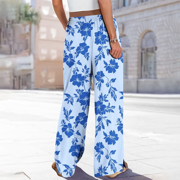 QQAMB Women Linen Pants Elastic Waisted Drawstring Floral Printed