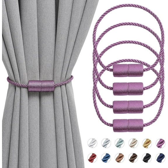 4 Pack Magnetic Curtain Tiebacks 16 Inch Handmade Weave Side Rope Curtain Holdbacks Convenient Decorative Cylinder Curtain Drape Tie Backs for Home & Office Window Drapery (Purple)