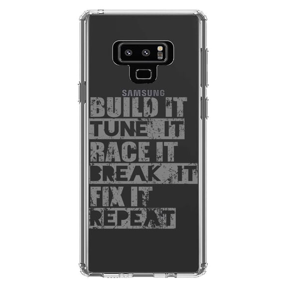 DistinctInk Clear Shockproof Hybrid Case for Samsung Galaxy Note 9 - TPU Bumper Acrylic Back Tempered Glass Screen Protector - Build It Tune Race Break Fix Repeat
