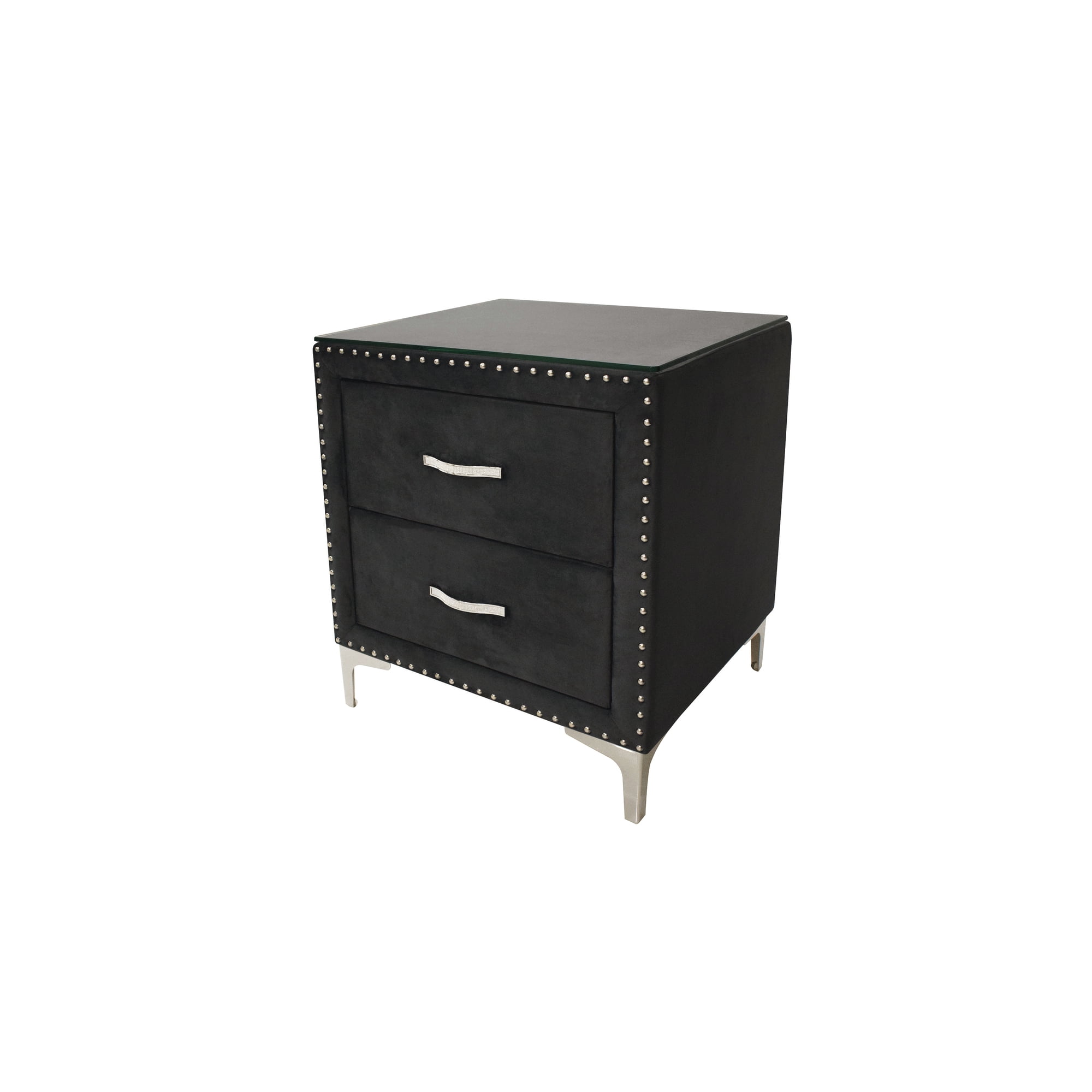 Kanepe Nightstand with 2 Drawers, Glam Style Black Wood Bedroom End Table, Nailhead Tufted, 24"H x 19.4"W x 26.5"D