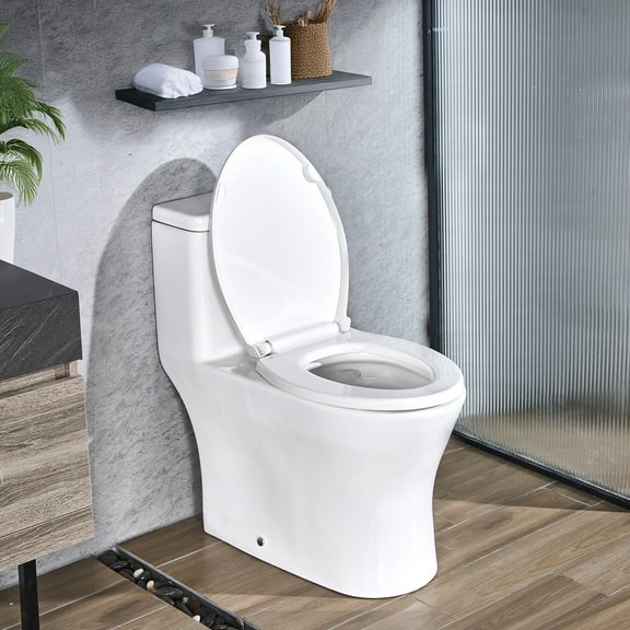 VEVOR One-Piece Toilet, Elongated Toilet Vortex Dual-Flush 1.0/1.28 GPF, Toilets for Bathroom with Comfortable Chair Seat, Standard Height, Easy-Clean Skirted Design, 12 inch Rough-In, White   Black