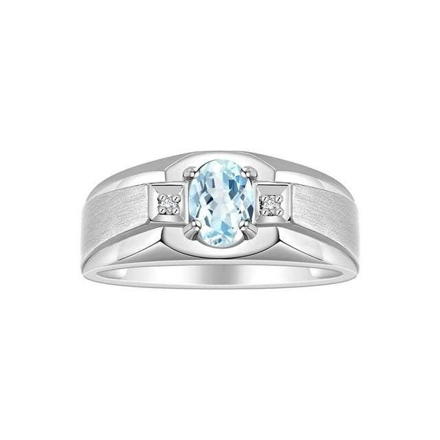 RYLOS Men's Rings Sterling Silver Classic 7X5MM Oval Gemstone & Diamond Ring Aquamarine March Birthstone Rings For Men, Silver Rings, Size 9