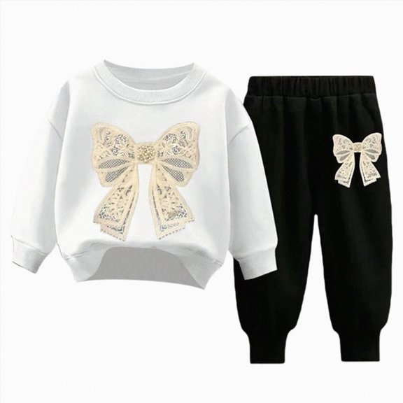 mgoYE Girls Clothes Long Sleeve White Bow Sweatershirt and Pants 2 Pieces Fall Winter Outfits Set 2-3 Years