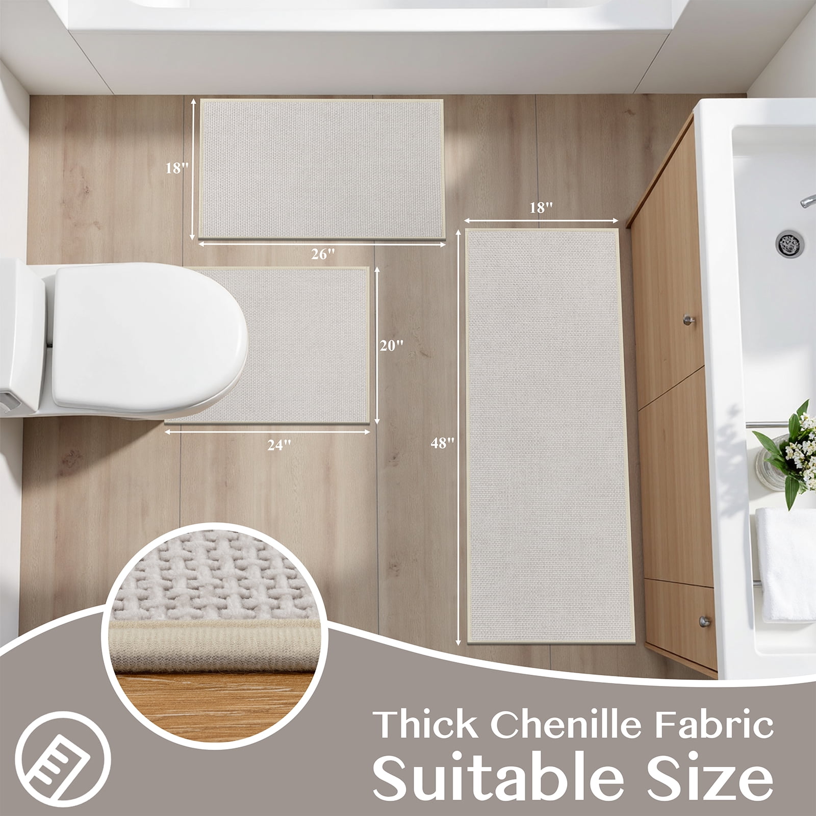 Ileading 3pcs Bathroom Rugs Set with U-Shaped Mat, Non Slip, Soft, Absorbent Bath Mats for Tub, Shower, Toilet 18"x26"+18"x48"+U Shape 20"x24" Beige