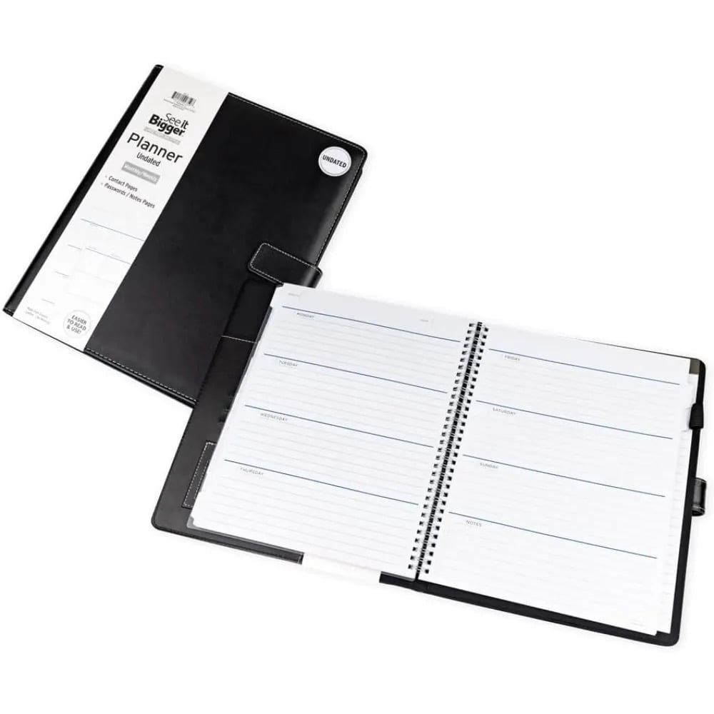 See It Bigger Large 15-Month Padfolio Undated Planner – Black 11.75"x10" Monthly & Weekly Dated Organizer with Removable Lined Notebook, Interior Pockets, and Large Print for Work & Personal Use