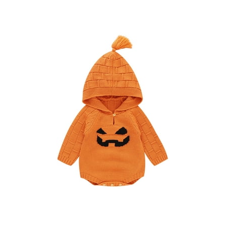 

Wayren USA Newborn Infant Halloween Knitted Romper Pumpkin Face Long Sleeve Hooded Jumpsuits Sweater