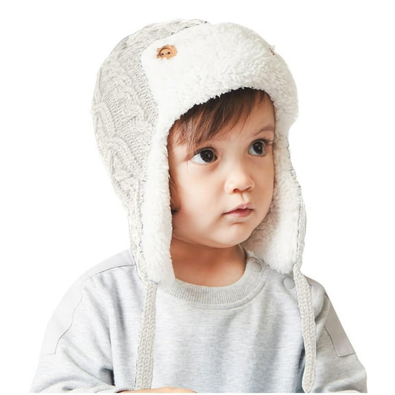 CYRBOKO Toddler Boys Beanies, Soft Casual Thermal Earflap Winter Hats White Size 2-3 T