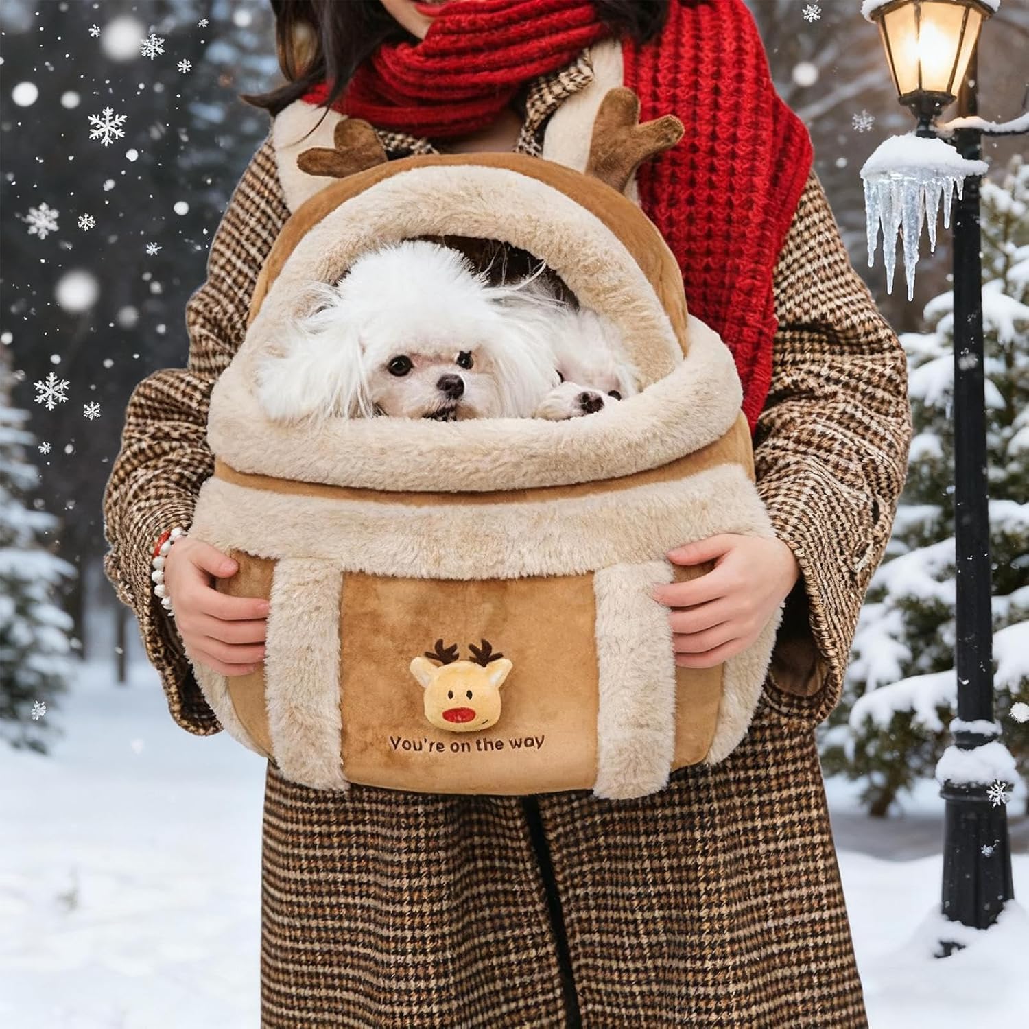Dog Carrying Bag Pet Plush Elk Shape Backpack, Winter Puppy Outgoing Carrier, Soft Travel Bag, Pet Travel Backpack for Hiking Camping Outdoor Indoor Winter Trips Small Medium Dogs (Medium)
