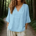 thumbnail image 2 of Admvng Woman's Tops V Neck Solid 3/4 Sleeve Casual Plus Cotton Linen Summer Basic Nice Loose Tee Shirts Size S-3XL, 2 of 8