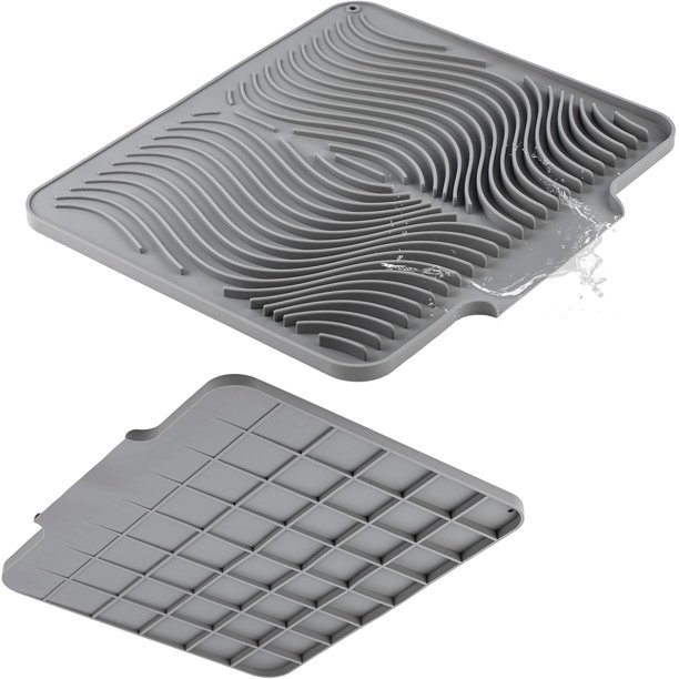Tapete de Secado de Platos de Silicón, Tapete para Secar Platos, Fácil de Limpiar, No Guarda Olores, Protector de Encimera Resistente al Agua (Gris con Salida de Drenaje)