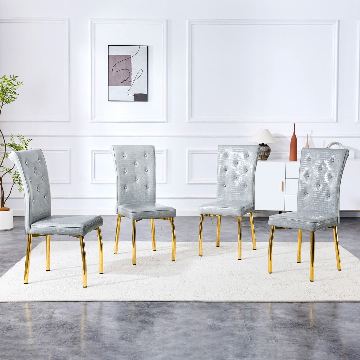 Set of 4 Vintage Dining Chairs, Gray Faux Alligator-Textured PVC Leather Upholstered Chairs with Crystal Button Details & Gold Metal Legs, 400 LBS, Gray & Gold