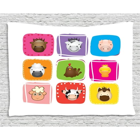 - Baby Tapestry, Geometric Pattern with Squares Animal Faces Horse Chicken Cow Duck Sheep and Pig, Wall Hanging for Bedroom Living Room Dorm Decor, 60W X 40L Inches, Silver Emerald, by Ambesonne