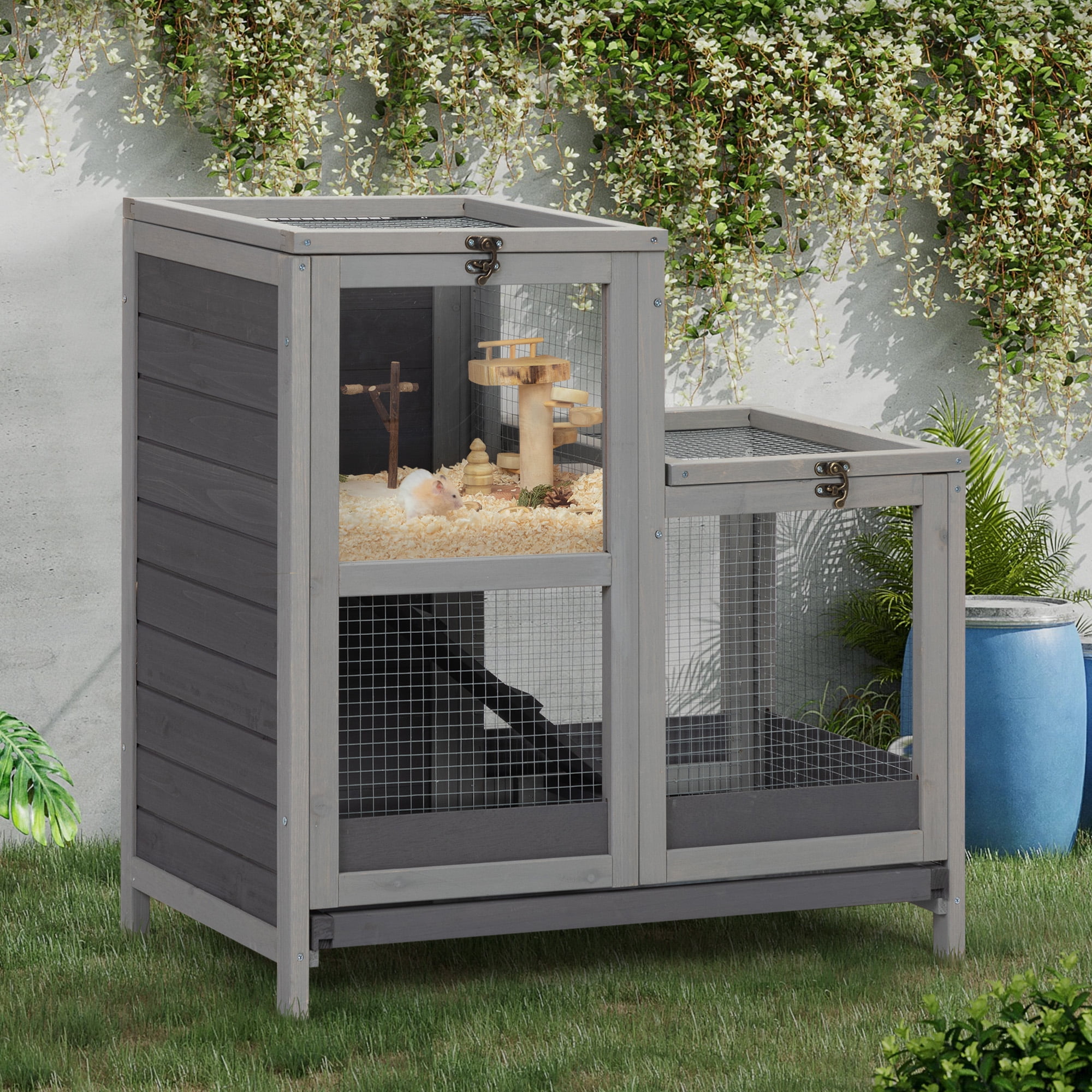 Pefilos 30" 2-Tier Wooden Rabbit Hutch Hamster Cage for Indoor with Seesaw, Tray, Outdoor Bunny Hutch, Guinea Pig Cages, Beige Pefilos 30" 2-Tier Wooden Rabbit Hutch Hamster Cage for Indoor with Seesaw, Tray, Outdoor Bunny Hutch, Guinea Pig Cages, Beige