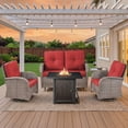 thumbnail image 2 of PARKWELL Patio Furniture Set with Propane Fire Pit Table, 5-Piece Outdoor Sectional Conversation Set, Gray PE Rattan Patio Loveseat Glider with Swivel Chairs for Patio Backyard Porch Deck, Red, 2 of 15