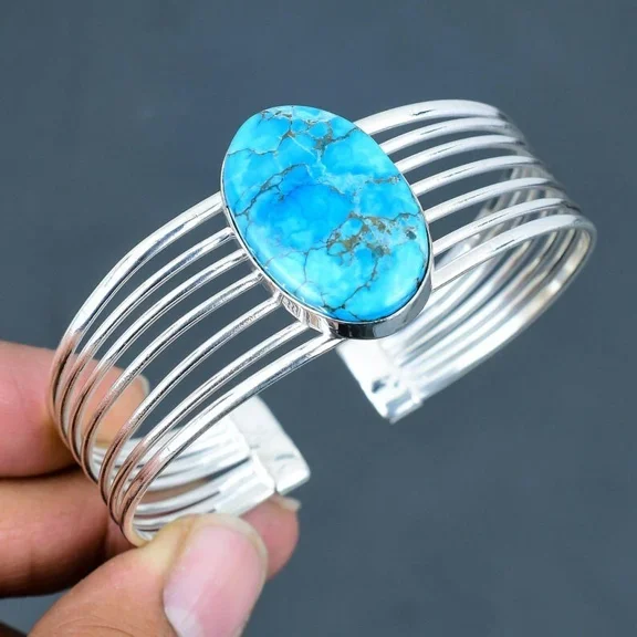 Natural Turquoise Gemstone 925 Sterling Silver Jewelry Cuff Bracelet Size-ADJ