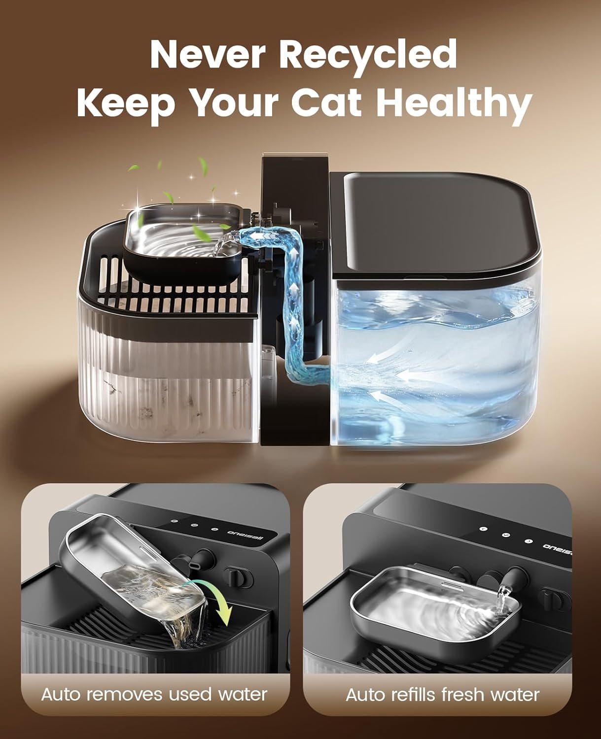 Wireless Filterless Cat Water Fountain, Separate Clean and Dirty Water Pet Fountain with Stainless Steel Bowl, 3.5L/118oz Quiet No Filter Smart Automatic Cat Water Dispenser Indoor, Black
