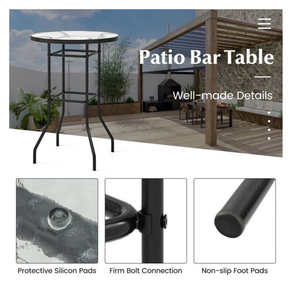 38 Inch Patio Bar Table with Tempered Glass, Outdoor Bistro Table Set, Counter Height Pub Table for Indoor/Outdoor Use, Metal Frame, Easy Assembly