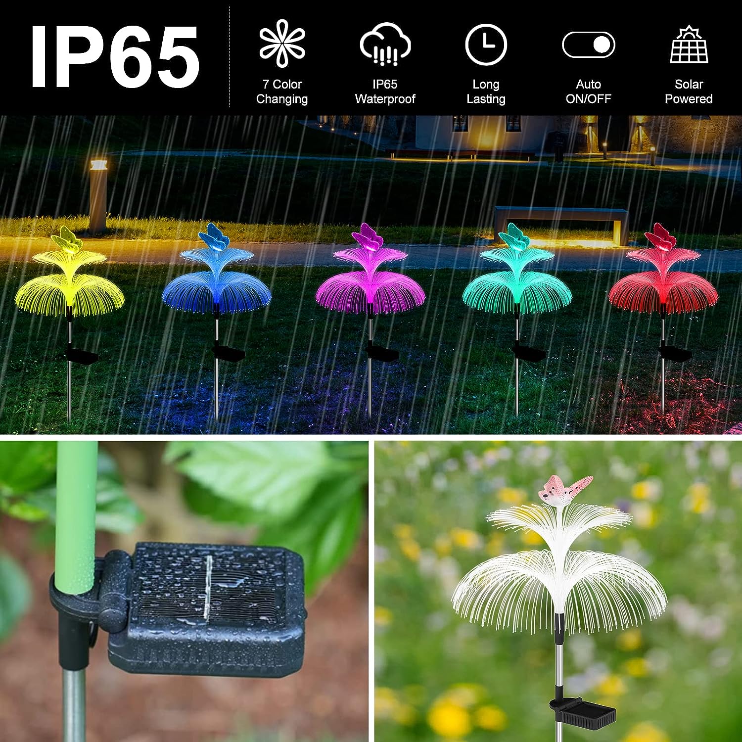 KOMI Solar Garden Lights Outdoor Waterproof 3 Pack Solar Flower Lights Yard Lights 7 Color Changing Double Jellyfish Wing Solar Yard Lights for Garden Decor Yard Decor Outdoor Decor Gifts for Women