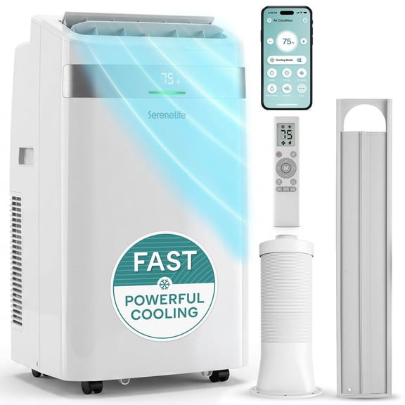 SereneLife 12,000 BTU Portable Air Conditioner with Wi-Fi, 3-in-1 AC, Dehumidifier & Fan, Remote Control, Window Kit for Rooms, Bedrooms & Home, White
