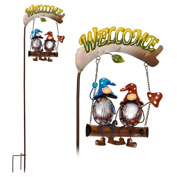 G128 12"x3" Gnome Solar Light Garden Stake with Welcome Sign Outdoor Yard Lawn Patio Decor
