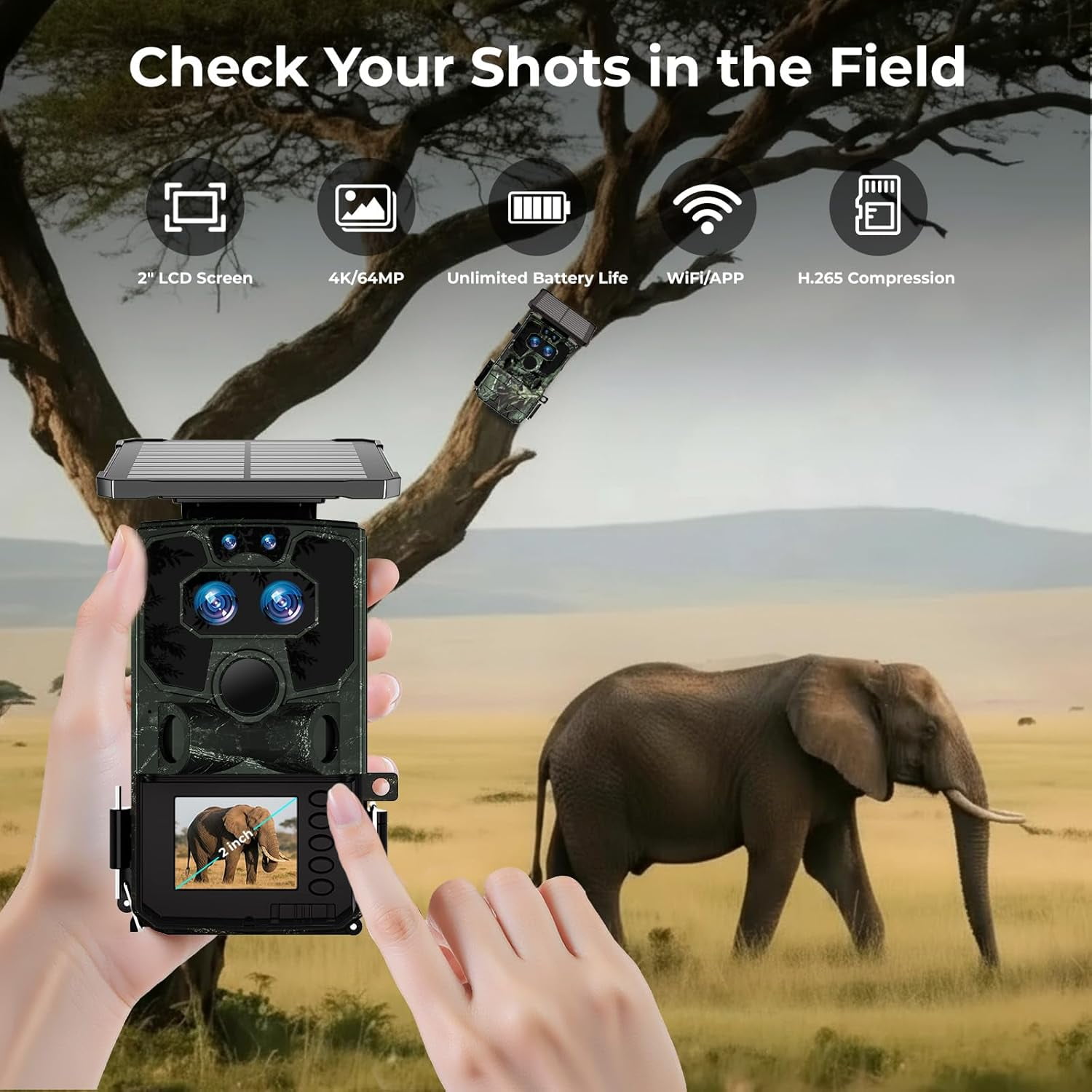 CAMPARK 4K 30fps 60MP Solar WiFi Trail Camera, Starlight Night Vision Dual Lens Bluetooth Game Camera with 0.1S Trigger IMX458 Sensors Hunting Cam with 120° Wide-Angle IP66 Waterproof