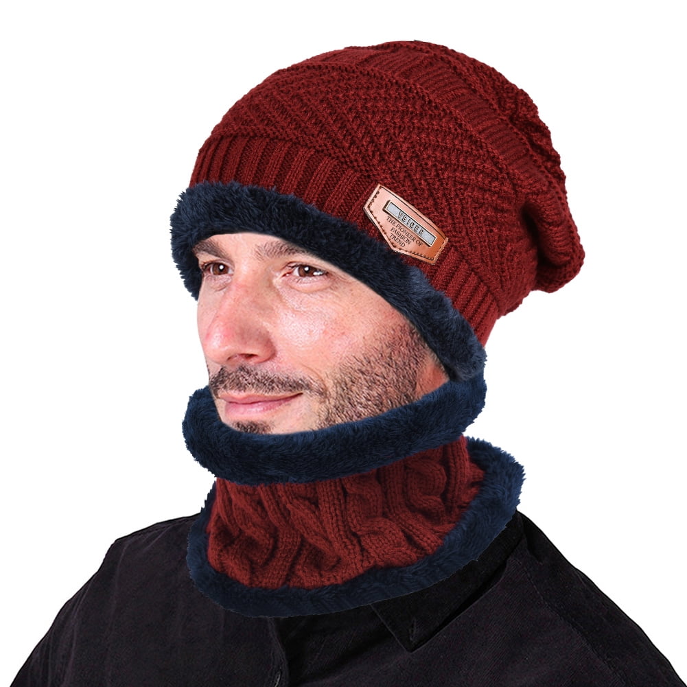 Men's Winter Beanie Hat and Scarf Set Warm Fleece Knitted Thick Knit Cap Kids UK