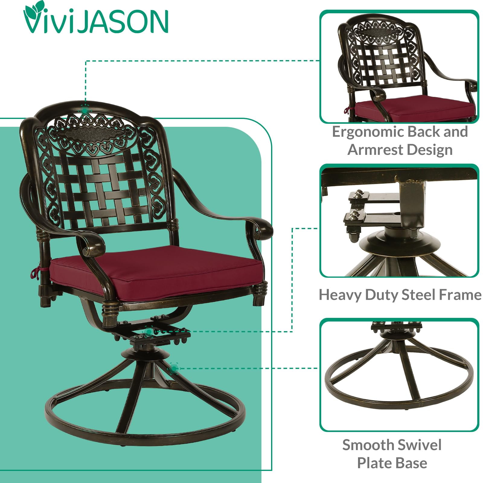 VIVIJASON 9-Piece Outdoor Patio Furniture Dining Set, All-Weather Cast Aluminum Conversation Set, Include 8 Swivel Dining Chairs and an Oval Table with Umbrella Hole for Garden Backyard, Red Cushion