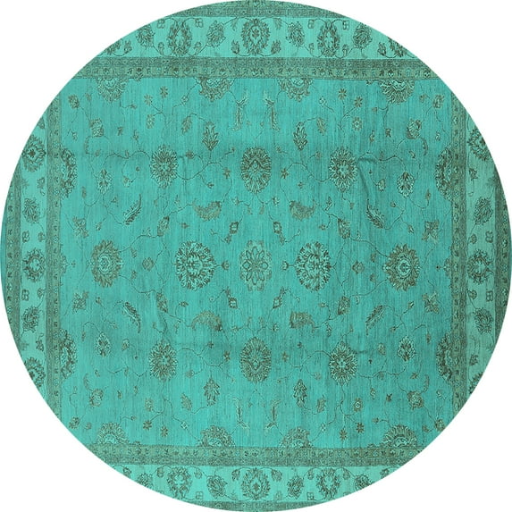 Ahgly Company Machine Washable Indoor Round Oriental Turquoise Blue Traditional Area Rugs, 7' Round