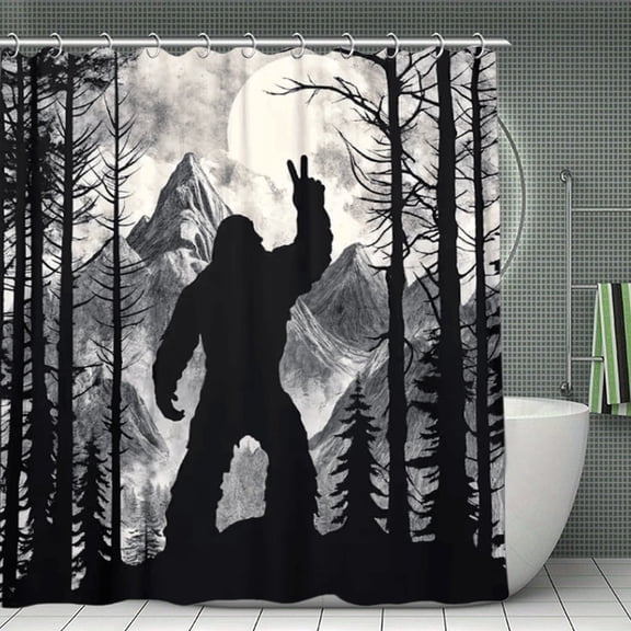 Potopok Mysterious Forest Bigfoot Shower Curtain, sasquatch wild animal shadow design, cool rustic decor, waterproof polyester with hooks, for bathroom, shower, or room divider, 70.8x70.8 Inch