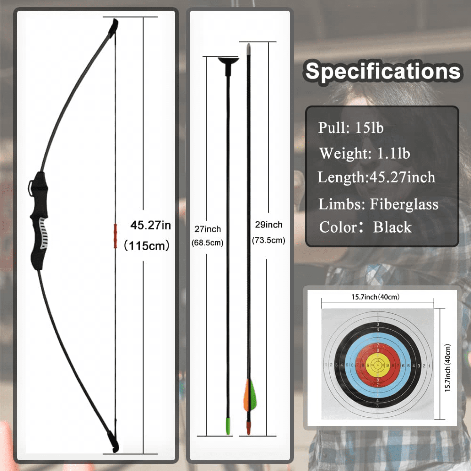 Clianle Bow and Arrows Set for Youth Beginner Archery ，Teens Recurve Bow Kit for Backyard Sport Shooting Training Game Gift with 10 Arrows, 5 Target Face Paper，1 Quiver and Armguard